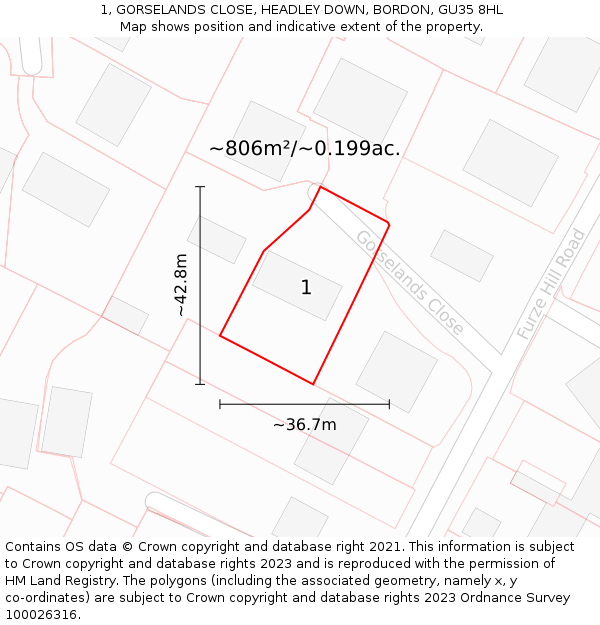 1, GORSELANDS CLOSE, HEADLEY DOWN, BORDON, GU35 8HL: Plot and title map