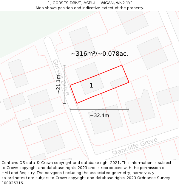 1, GORSES DRIVE, ASPULL, WIGAN, WN2 1YF: Plot and title map