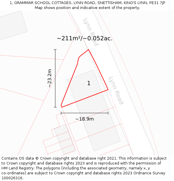 1, GRAMMAR SCHOOL COTTAGES, LYNN ROAD, SNETTISHAM, KING'S LYNN, PE31 7JP: Plot and title map