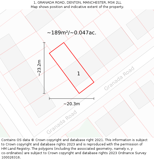 1, GRANADA ROAD, DENTON, MANCHESTER, M34 2LL: Plot and title map