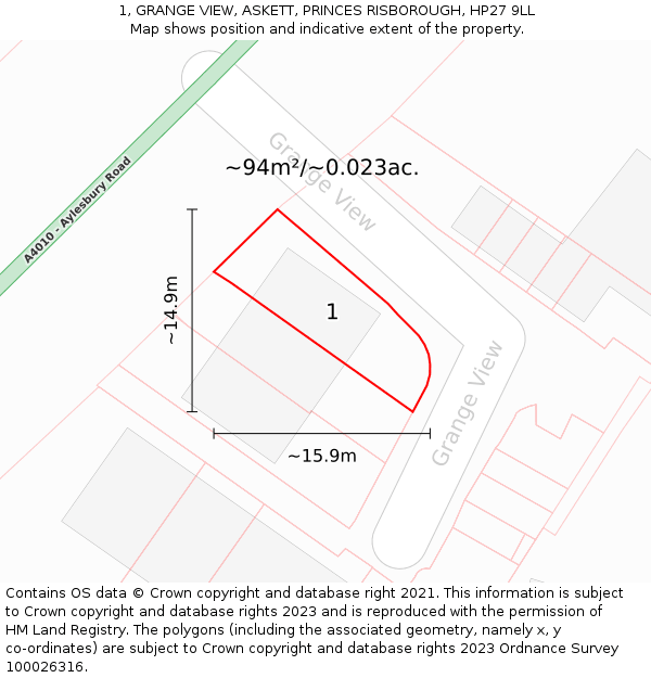 1, GRANGE VIEW, ASKETT, PRINCES RISBOROUGH, HP27 9LL: Plot and title map