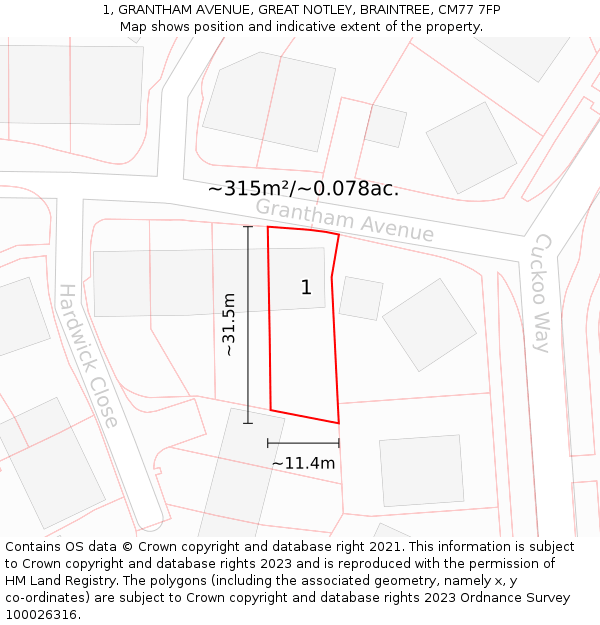 1, GRANTHAM AVENUE, GREAT NOTLEY, BRAINTREE, CM77 7FP: Plot and title map