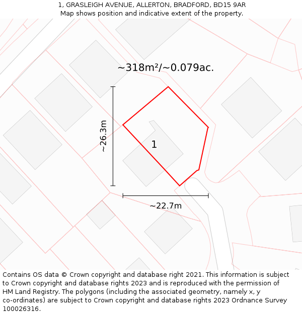 1, GRASLEIGH AVENUE, ALLERTON, BRADFORD, BD15 9AR: Plot and title map