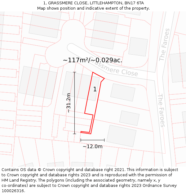 1, GRASSMERE CLOSE, LITTLEHAMPTON, BN17 6TA: Plot and title map