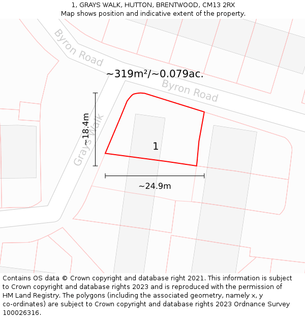 1, GRAYS WALK, HUTTON, BRENTWOOD, CM13 2RX: Plot and title map