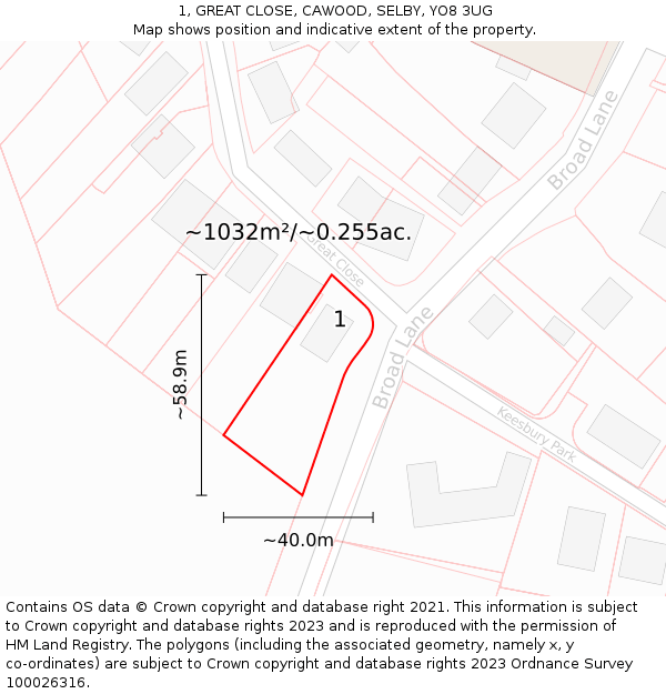 1, GREAT CLOSE, CAWOOD, SELBY, YO8 3UG: Plot and title map