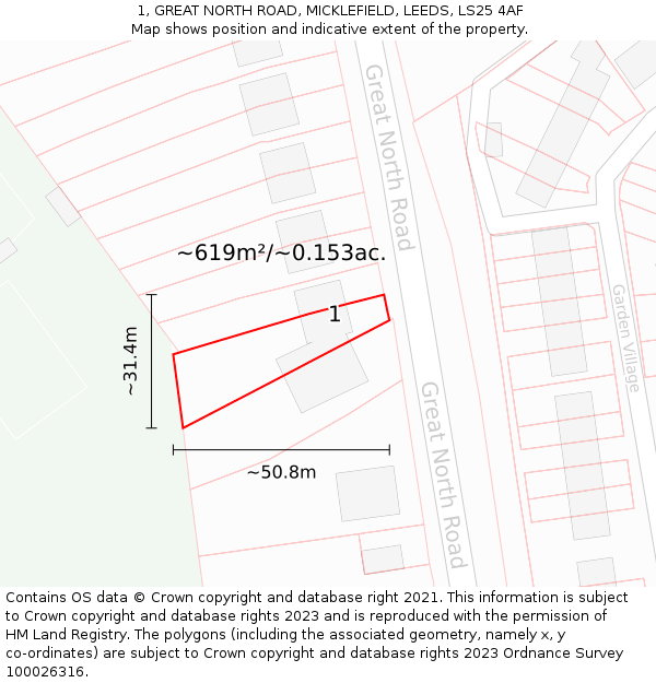 1, GREAT NORTH ROAD, MICKLEFIELD, LEEDS, LS25 4AF: Plot and title map