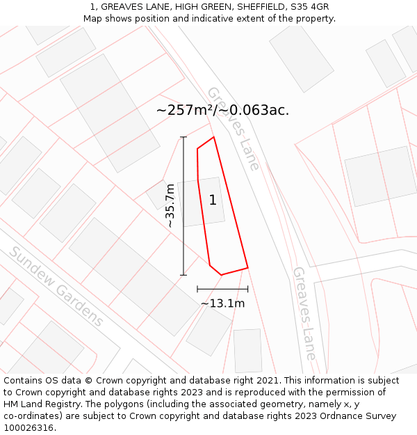 1, GREAVES LANE, HIGH GREEN, SHEFFIELD, S35 4GR: Plot and title map