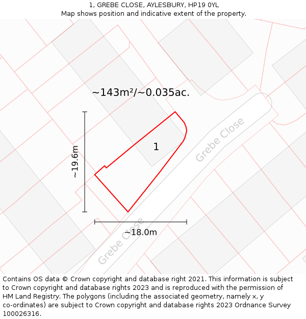 1, GREBE CLOSE, AYLESBURY, HP19 0YL: Plot and title map