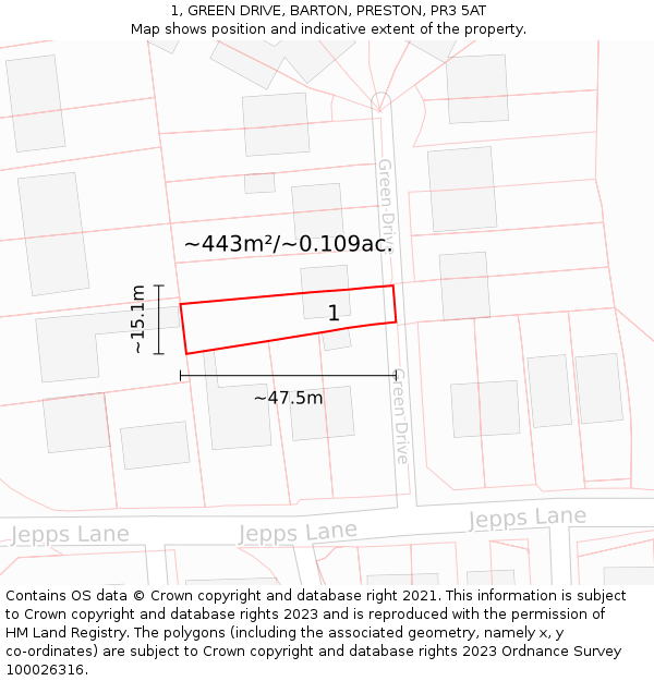1, GREEN DRIVE, BARTON, PRESTON, PR3 5AT: Plot and title map