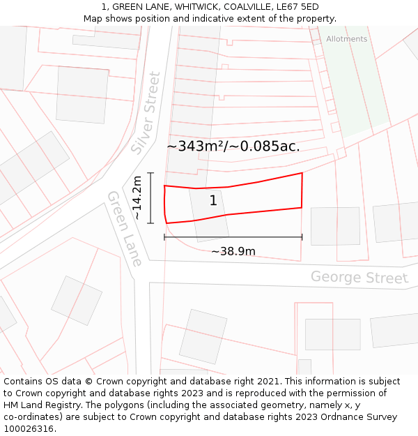 1, GREEN LANE, WHITWICK, COALVILLE, LE67 5ED: Plot and title map