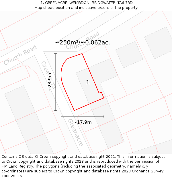 1, GREENACRE, WEMBDON, BRIDGWATER, TA6 7RD: Plot and title map