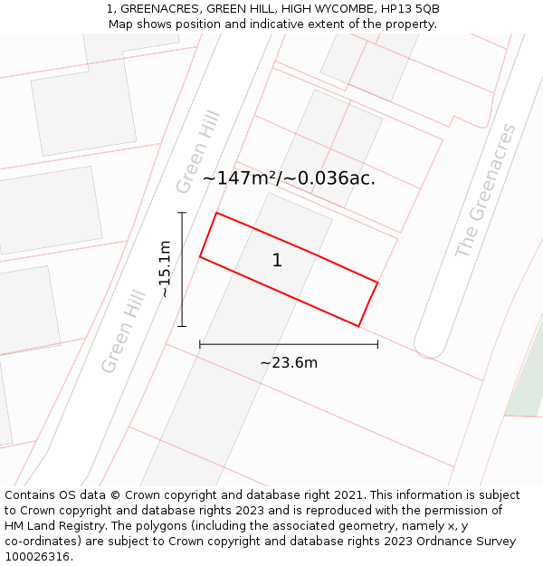 1, GREENACRES, GREEN HILL, HIGH WYCOMBE, HP13 5QB: Plot and title map