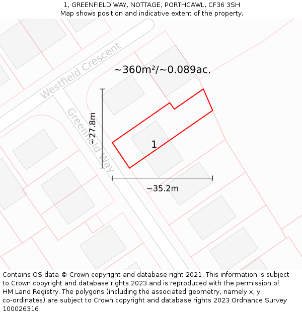 1, GREENFIELD WAY, NOTTAGE, PORTHCAWL, CF36 3SH: Plot and title map