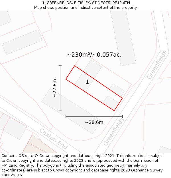 1, GREENFIELDS, ELTISLEY, ST NEOTS, PE19 6TN: Plot and title map
