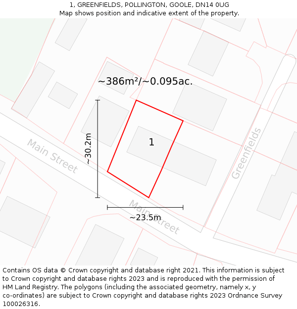 1, GREENFIELDS, POLLINGTON, GOOLE, DN14 0UG: Plot and title map