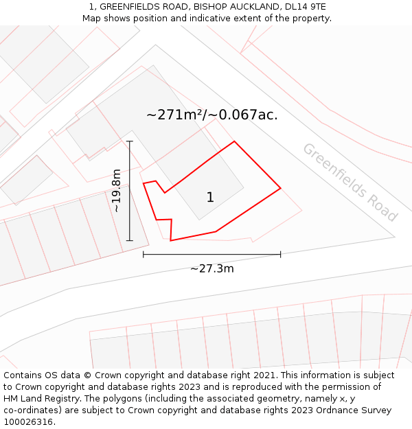 1, GREENFIELDS ROAD, BISHOP AUCKLAND, DL14 9TE: Plot and title map