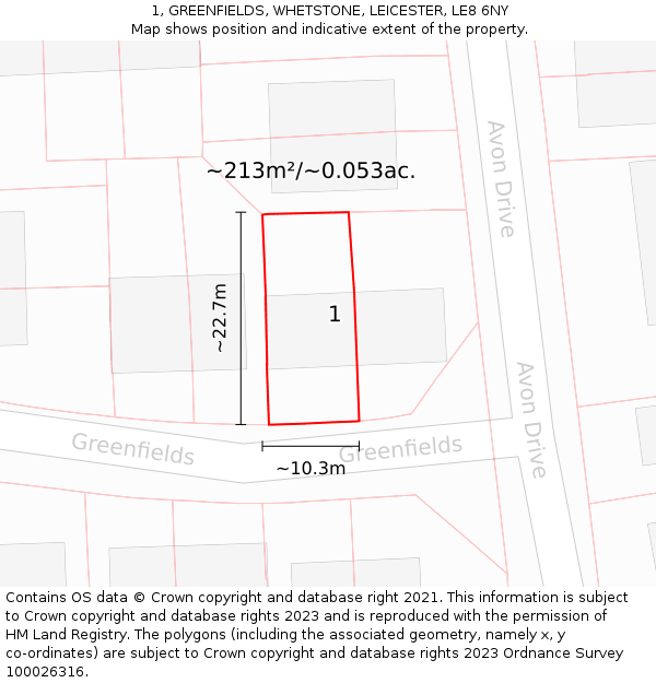 1, GREENFIELDS, WHETSTONE, LEICESTER, LE8 6NY: Plot and title map