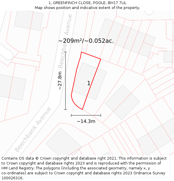 1, GREENFINCH CLOSE, POOLE, BH17 7UL: Plot and title map