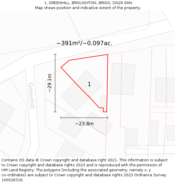 1, GREENHILL, BROUGHTON, BRIGG, DN20 0AN: Plot and title map