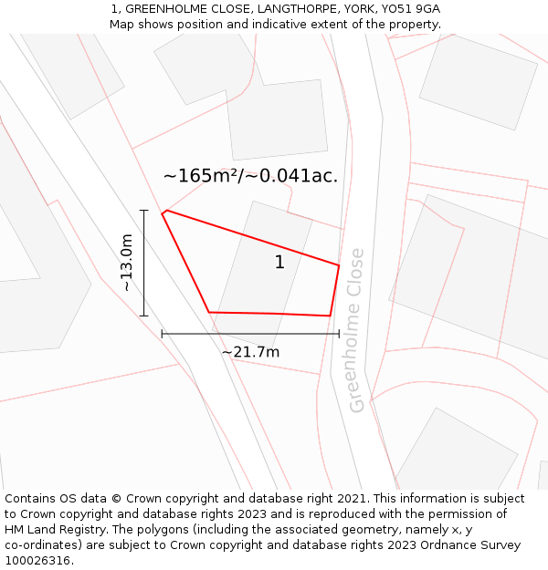 1, GREENHOLME CLOSE, LANGTHORPE, YORK, YO51 9GA: Plot and title map