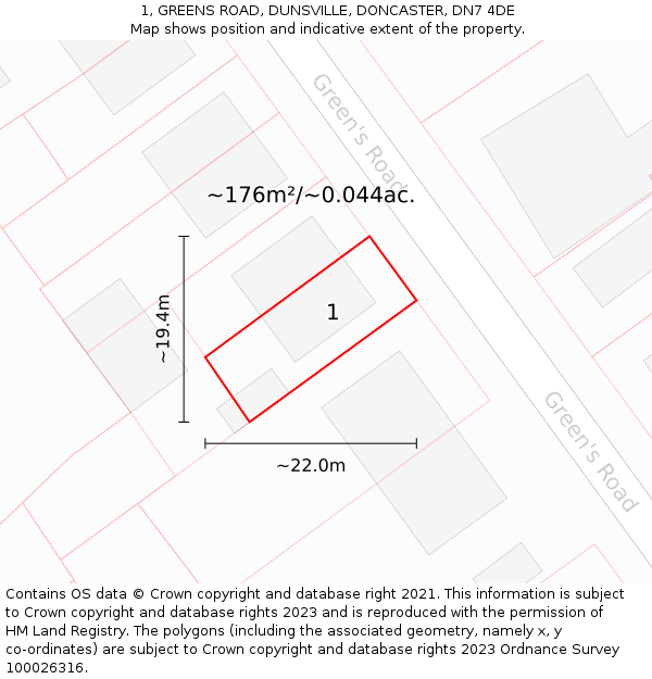 1, GREENS ROAD, DUNSVILLE, DONCASTER, DN7 4DE: Plot and title map