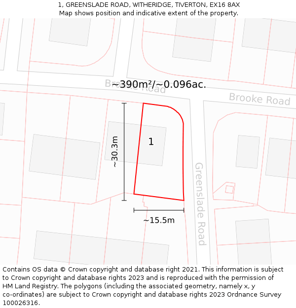 1, GREENSLADE ROAD, WITHERIDGE, TIVERTON, EX16 8AX: Plot and title map
