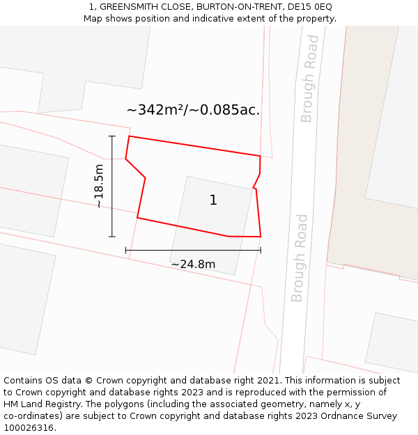 1, GREENSMITH CLOSE, BURTON-ON-TRENT, DE15 0EQ: Plot and title map