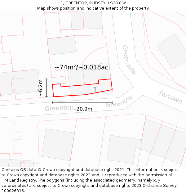 1, GREENTOP, PUDSEY, LS28 8JW: Plot and title map