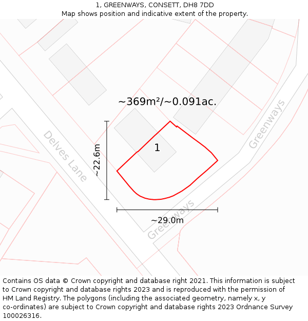 1, GREENWAYS, CONSETT, DH8 7DD: Plot and title map
