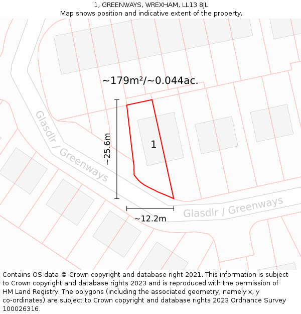 1, GREENWAYS, WREXHAM, LL13 8JL: Plot and title map