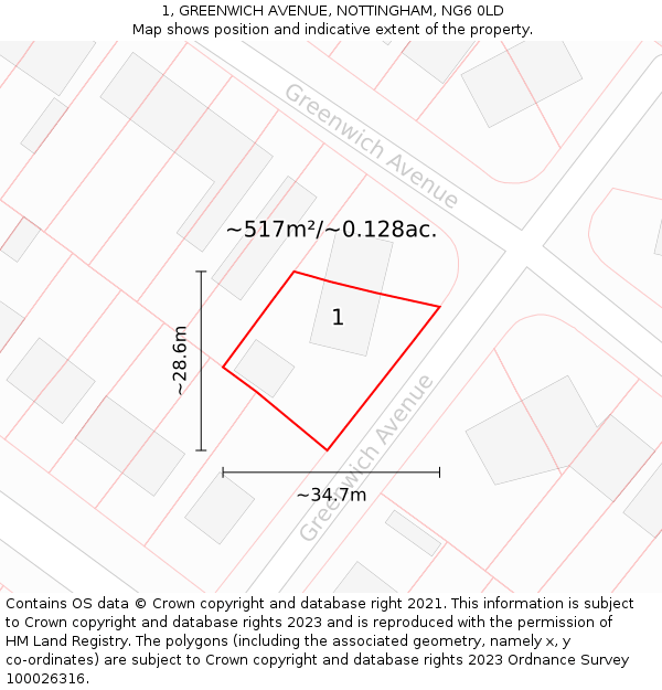 1, GREENWICH AVENUE, NOTTINGHAM, NG6 0LD: Plot and title map