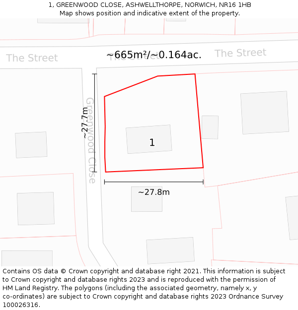 1, GREENWOOD CLOSE, ASHWELLTHORPE, NORWICH, NR16 1HB: Plot and title map