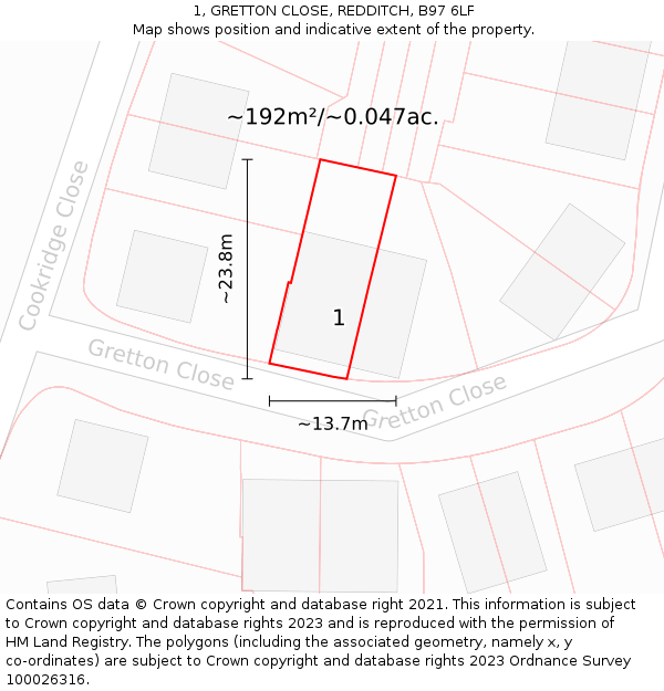 1, GRETTON CLOSE, REDDITCH, B97 6LF: Plot and title map