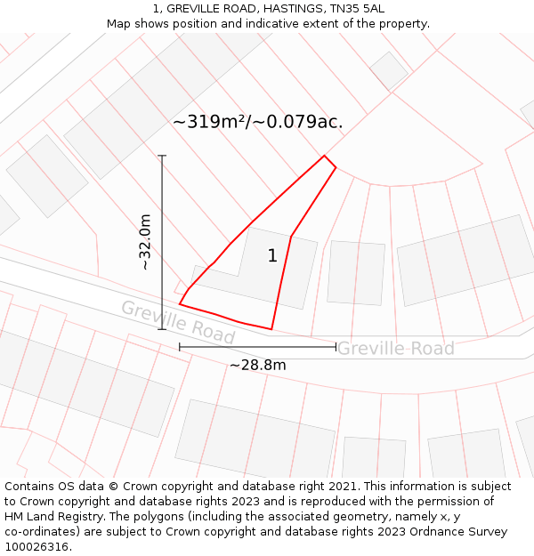 1, GREVILLE ROAD, HASTINGS, TN35 5AL: Plot and title map