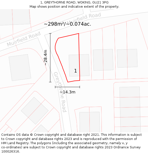 1, GREYTHORNE ROAD, WOKING, GU21 3PG: Plot and title map