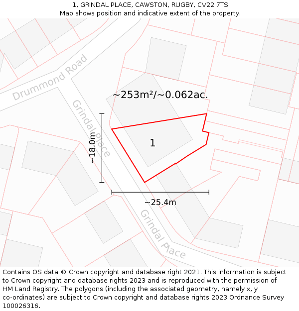 1, GRINDAL PLACE, CAWSTON, RUGBY, CV22 7TS: Plot and title map
