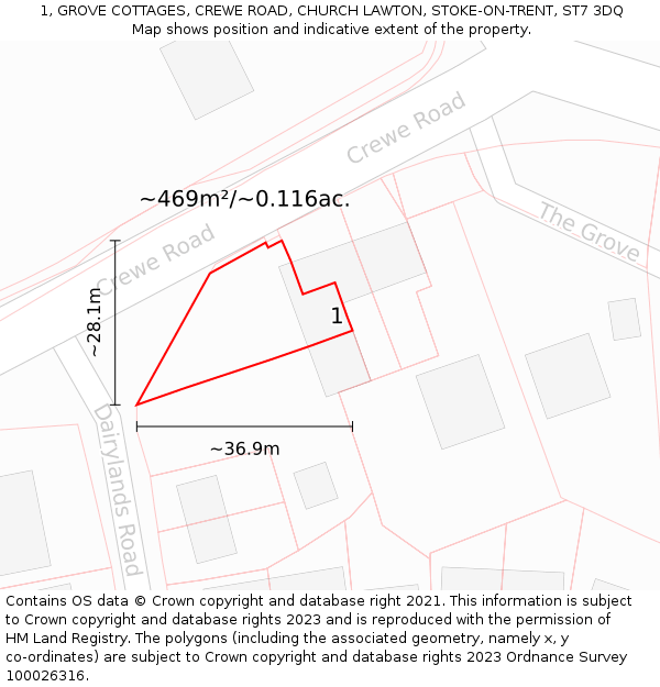 1, GROVE COTTAGES, CREWE ROAD, CHURCH LAWTON, STOKE-ON-TRENT, ST7 3DQ: Plot and title map
