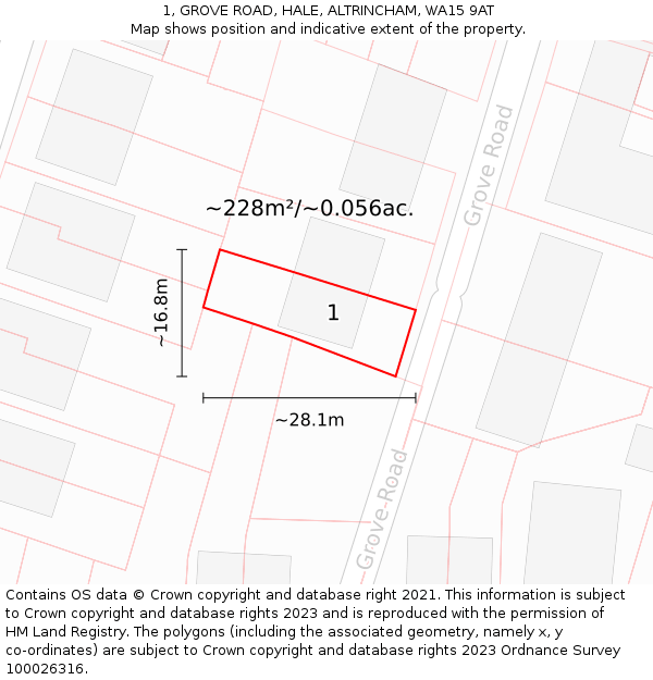 1, GROVE ROAD, HALE, ALTRINCHAM, WA15 9AT: Plot and title map