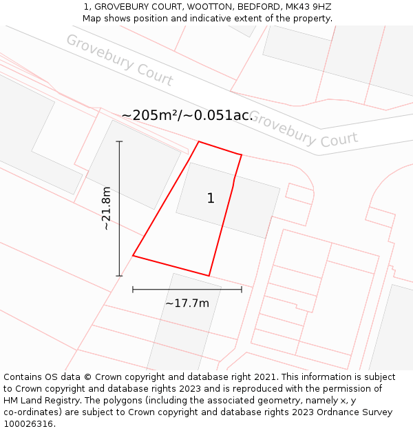 1, GROVEBURY COURT, WOOTTON, BEDFORD, MK43 9HZ: Plot and title map