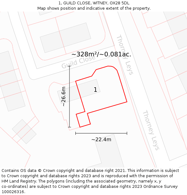 1, GUILD CLOSE, WITNEY, OX28 5DL: Plot and title map