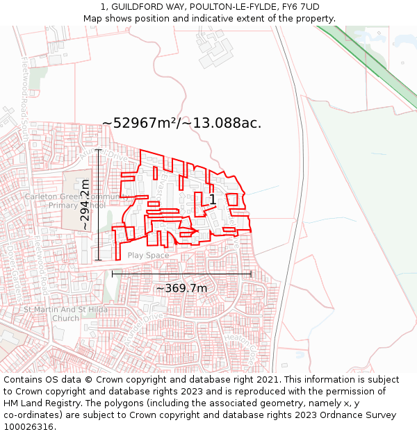 1, GUILDFORD WAY, POULTON-LE-FYLDE, FY6 7UD: Plot and title map