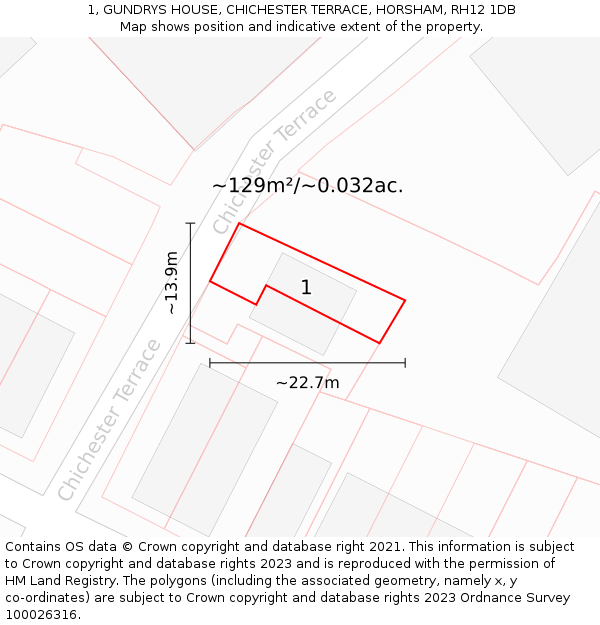 1, GUNDRYS HOUSE, CHICHESTER TERRACE, HORSHAM, RH12 1DB: Plot and title map