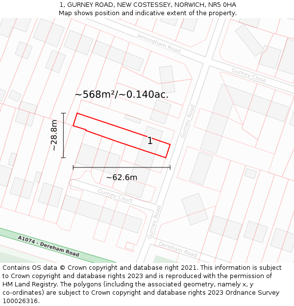 1, GURNEY ROAD, NEW COSTESSEY, NORWICH, NR5 0HA: Plot and title map