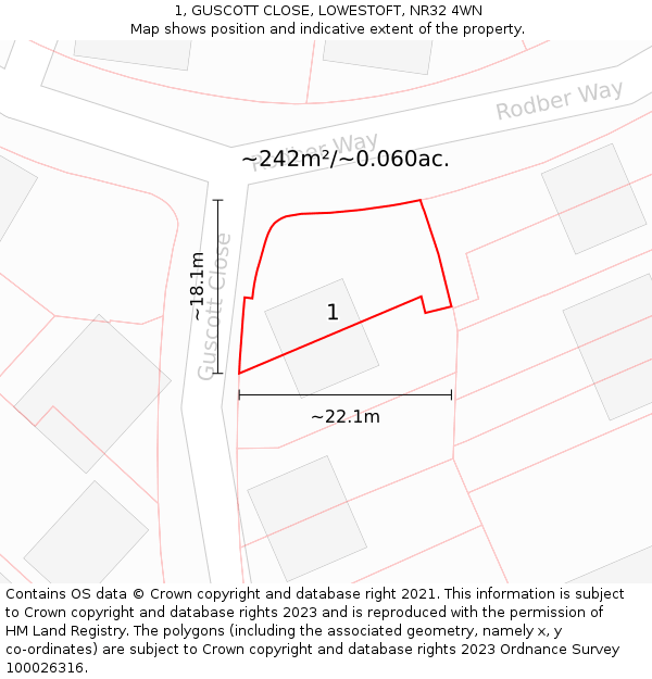 1, GUSCOTT CLOSE, LOWESTOFT, NR32 4WN: Plot and title map