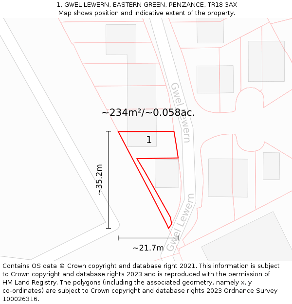 1, GWEL LEWERN, EASTERN GREEN, PENZANCE, TR18 3AX: Plot and title map