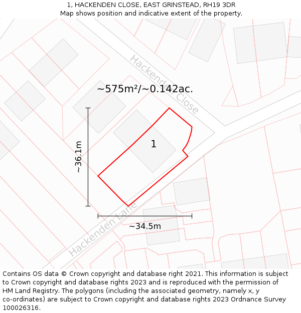 1, HACKENDEN CLOSE, EAST GRINSTEAD, RH19 3DR: Plot and title map