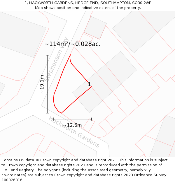 1, HACKWORTH GARDENS, HEDGE END, SOUTHAMPTON, SO30 2WP: Plot and title map