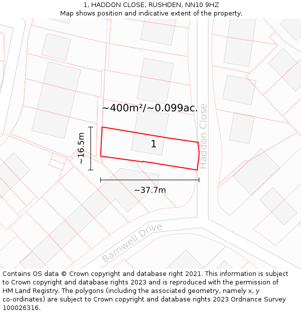 1, HADDON CLOSE, RUSHDEN, NN10 9HZ: Plot and title map