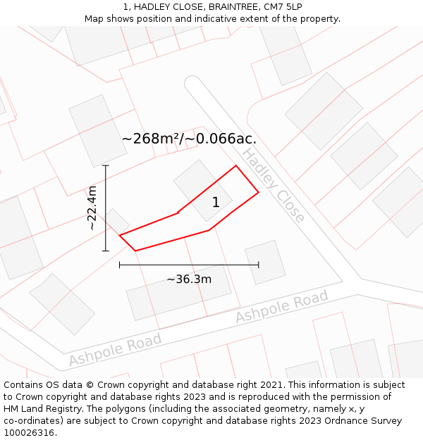 1, HADLEY CLOSE, BRAINTREE, CM7 5LP: Plot and title map